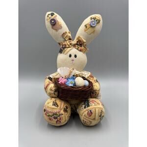 VTG 1999 Anco Cloth Bunny Rabbit Plush 7” Stuffed Animal Basket W/ Easter Eggs
